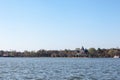 Panorama of Palic Lake, or Palicko Jezero, in Palic, Serbia, with the Velika Terasa, or Grand Terrace main building in background