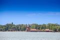 Panorama of Palic Lake, or Palicko Jezero, in Palic, Serbia, with the Velika Terasa, or Grand Terrace main building and the Zenski