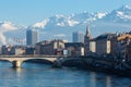 French Alps and Grenoble cable car and bridge in autumn