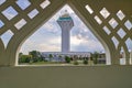 picture of the view of the minaret of the mosque from the window