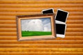 Picture in Vintage Frame with Blank Photos on Wood Royalty Free Stock Photo