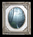 Picture in vintage frame. Mystical autumn forest with trail in blue fog. Beautiful landscape with trees, path, fog. Nature backgro Royalty Free Stock Photo