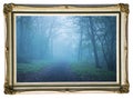 Picture in vintage frame. Mystical autumn forest with trail in blue fog. Beautiful landscape with trees, path, fog. Nature backgro