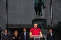 BELGRADE, SERBIA - JUNE 28, 2015: President of the Serbian Radical Party Vojislav Seselj gives a speech on Republic Square for