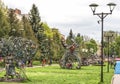 Rivne Ukraine - May 4, 2019: View of the alley of forged figures.