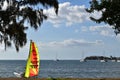 Picture of a water bay in Mauritius with in the foreground a very colorful sail of a Hobie Cat, a very famous small and fast saili Royalty Free Stock Photo