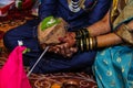 Picture of wedding couple holding a hand during hindu wedding rituals Royalty Free Stock Photo