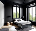 A well illuminated bedroom painted in black with furniture, a bed, a white door and a big window