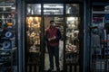 Turkish salesman sanding in front of his souvenir shop selling copper metal crafts, mainly pepper grinders and cezve coffee pots