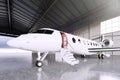 Picture of White Matte Luxury Generic Design Private Jet parking in hangar airport. Concrete floor. Business Travel