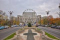 Parliament house and Unirii boulevard in Bucharest dressed in autumn vibrant colors, prepare for Christmas Market. Royalty Free Stock Photo