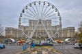 Parliament house and Unirii boulevard in Bucharest dressed in autumn vibrant colors, prepare for Christmas Market. Royalty Free Stock Photo