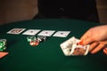 Picture of woman hand that raises cards from the table Royalty Free Stock Photo