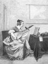 Picture of a woman playing the lute in the old book Des Peintres, by C. Blanc, 1863, Paris