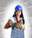 Construction woman with tools, denims overall Royalty Free Stock Photo