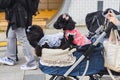 Woman pushes a stroller with two dogs in Tokyo, Japan