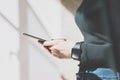 Picture Woman Working Modern studio,Wearing Generic Design Smart Watch.Female Hands Touching screen mobile phone.Manager Royalty Free Stock Photo