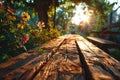 The picture of the wood table in the middle of the forest in a daytime. AIGX03.