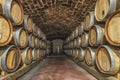 Picture of wooden wine barrels in the wine cellar Royalty Free Stock Photo