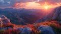 a picture of the world coming to life as dawn breaks, illuminating the mountain hills with soft hues of pink and orange.