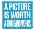 A PICTURE IS WORTH A THOUSAND WORDS, words on blue stamp sign Royalty Free Stock Photo