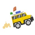 Picture Yellow jeep quickly rides and from it fall multicolored suitcases. Smoke, smog, dust, sand