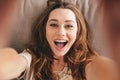 Picture Amazing happy emotional pretty lady make selfie. Royalty Free Stock Photo