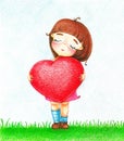 Picture of young girl with red heart by the color pencils