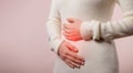 Picture of young woman have menstruation stomach ache pain problem. Abdominal belly disease in female person. Healthcare world