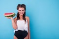 Picture of young woman holding a big slice watermelon Royalty Free Stock Photo