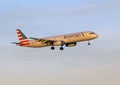 American Airlines jet landing in the evening at Love Field in Dallas, Texas.