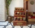 Artistic display of spices in small baskets inside La Maison Arabe in Marrakesh, Morroco. Royalty Free Stock Photo