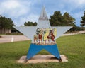 Back side of a six foot fiberglass star sculpture titled `Bad Koenigshofen`, by artist Sue Wiggins in Arlington, Texas