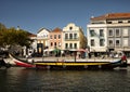 Brightly colored moliciero used for tourist rides on the canals of Aveiro, the Venice of Portugal. Royalty Free Stock Photo