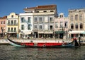 Brightly colored moliciero used for tourist rides on the canals of Aveiro, the Venice of Portugal. Royalty Free Stock Photo