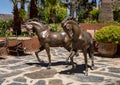 Bronze horse sculptures in an outside courtyard of the Kasbah Tamadot, Sir Richard Branson`s Moroccan Retreat.