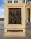 Bronze relief of Enis and Lowe couples by Dan D. Brook in the Founder`s Plaza of Texas Christian University in Fort Worth.