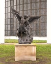 Bronze statue depicting Saint Michael the Archangel vanquishing Satan on display on the grounds of Saint Monica Parish in Dallas Royalty Free Stock Photo