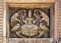 Carved wooden Buddha with elephants in an outside courtyard of the Kasbah Tamadot, Sir Richard Branson`s Moroccan Retreat.