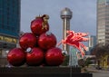 Christmas Ornaments, the red Pegasus horse, trees with lights, and the iconic Reunion Tower in downtown Dallas, Texas. Royalty Free Stock Photo