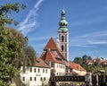 The church tower of the St. Jost Church in Cesky Krumlov, Czech Republic