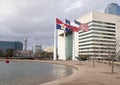 Flags flying in front of Dallas City Hall, seat of municipal government