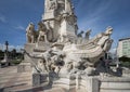 Closeup of the base of a monument to the Marquis of Pombal, governor of Lisbon between 1750 and 1777.