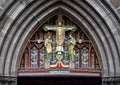 Pictured a closeup view of `Christ in Majesty`, above front door of Saint Mark`s Episcopal Church, Philadelphia, Pennsylvania