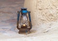 Closeup view, oil lamp at the Adrere Amellal, an eco-lodge in the Siwa Oasis in Egypt.