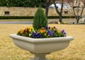 Stone planter with flowers of many colors and a single small green bush