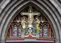 Pictured a closeup view of `Christ in Majesty`, above front door of Saint Mark`s Episcopal Church, Philadelphia, Pennsylvania