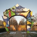 Colorful entrance arch for the ArtPark at Trinity Groves in West Dallas, Texas.