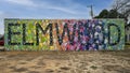 Colorful mural on the side of a building in Elmwood by artist Will Heron.,