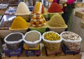 Colorful spice mountains for sale in the Medina Souk in Meknes, Morocco.